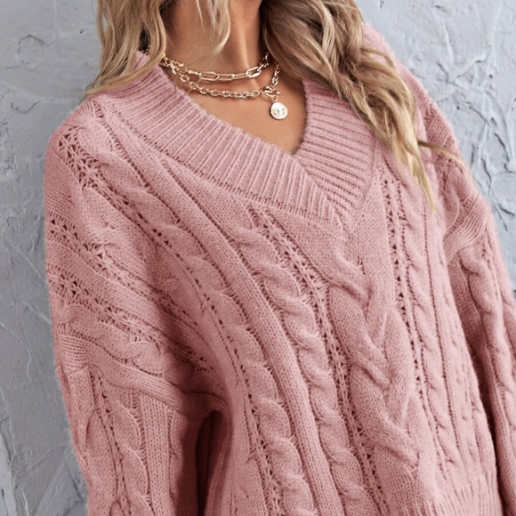 V neck Chunky Knit Cable Oversized Sweater Pink - Picture 13 of 14